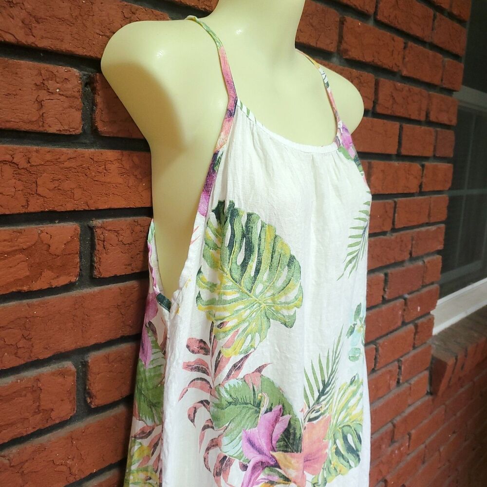 Lungo L'arno Linen Midi Dress Large White Floral Tropical Summer Sundress Italy